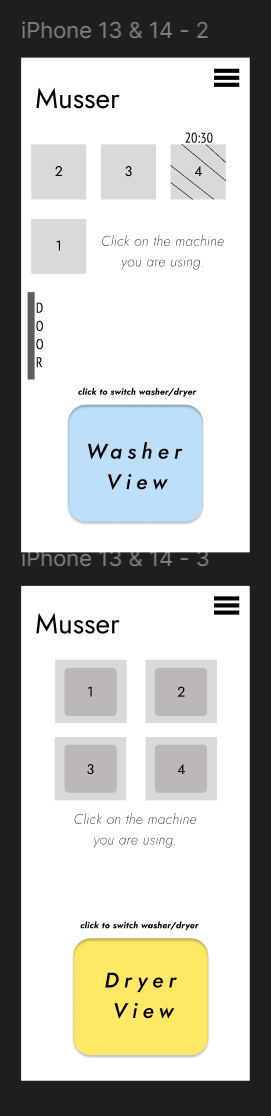 Top and side views of washer and dryers in Musser. Machines in use are greyed out.