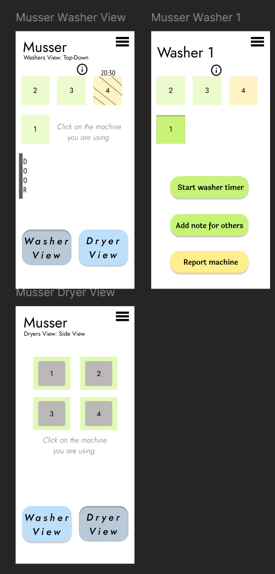 Washer and dryer views, plus screen of when a washer is selected and highlighted in green, more buttons appear.