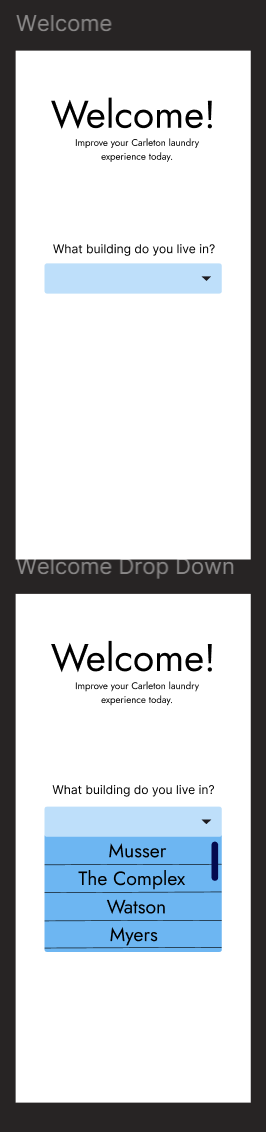 Welcome screen with drop down menu of building selection.